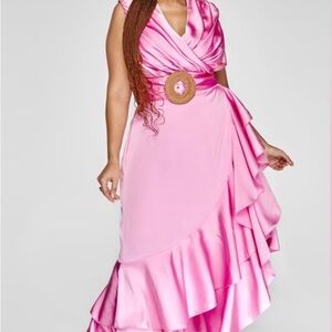 Plus size maxi dressFashion to Figure Asymmetrical Pink Dress with Ruffle Accent